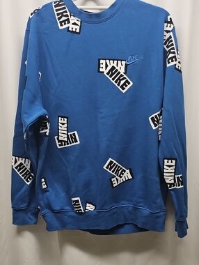 Nike Blue Crewneck Sweatshirt with White-and-Black Logo Patches